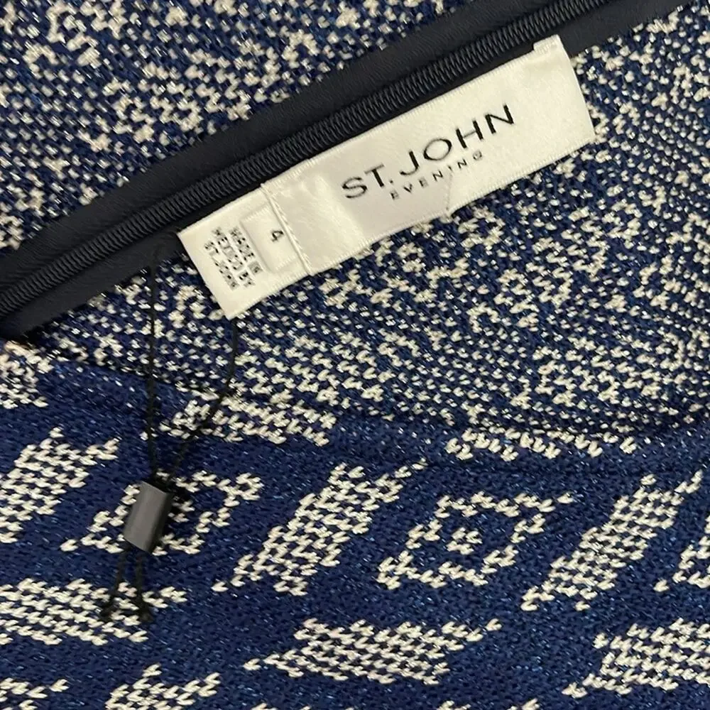 St. John Evening Diamond Jacquard Knit Maxi Dress Navy Blue Silver Long Sleeve 4 - Picture 3 of 14